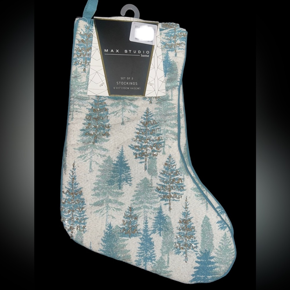 Set of 2 Max Studio Teal Beaded Aspen Forest  Tree Christmas Stocking New